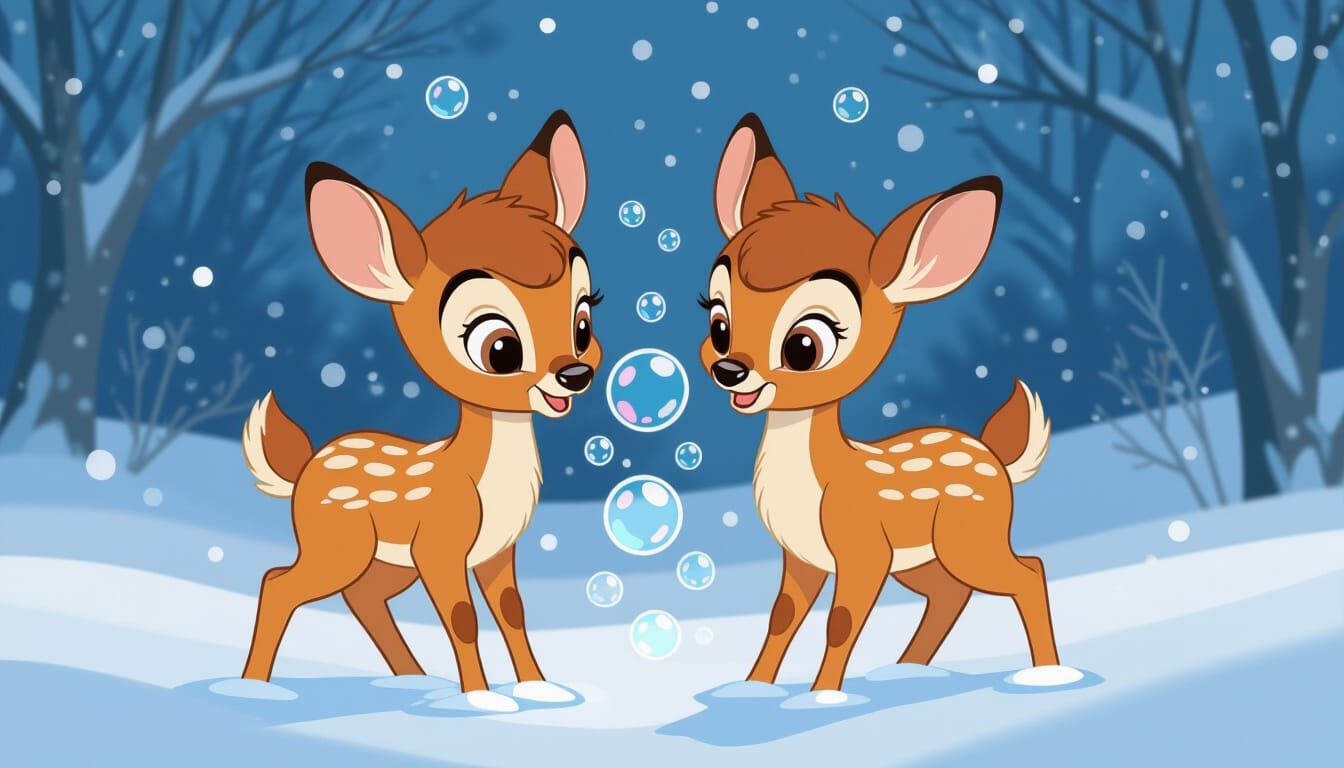 Cartoon Deer Cubs Play in Snow, Disney 50s Style