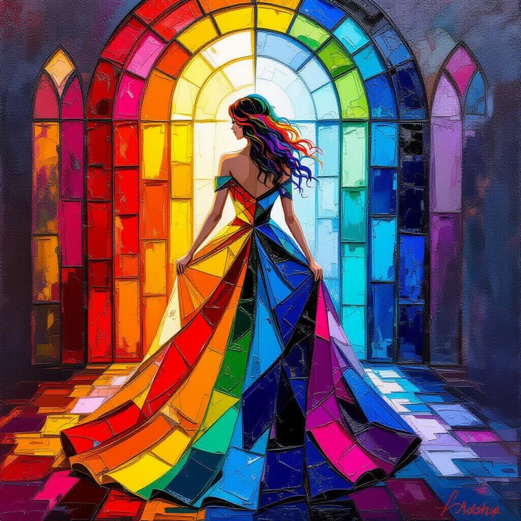 Rainbow Haired Woman in Stained Glass Gown