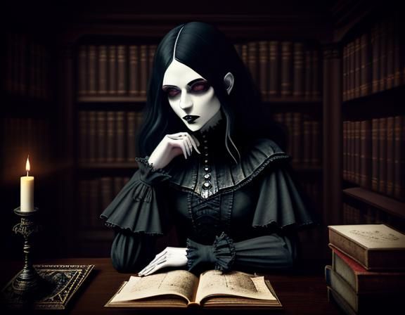 Gothic Woman in Library: Digital Art