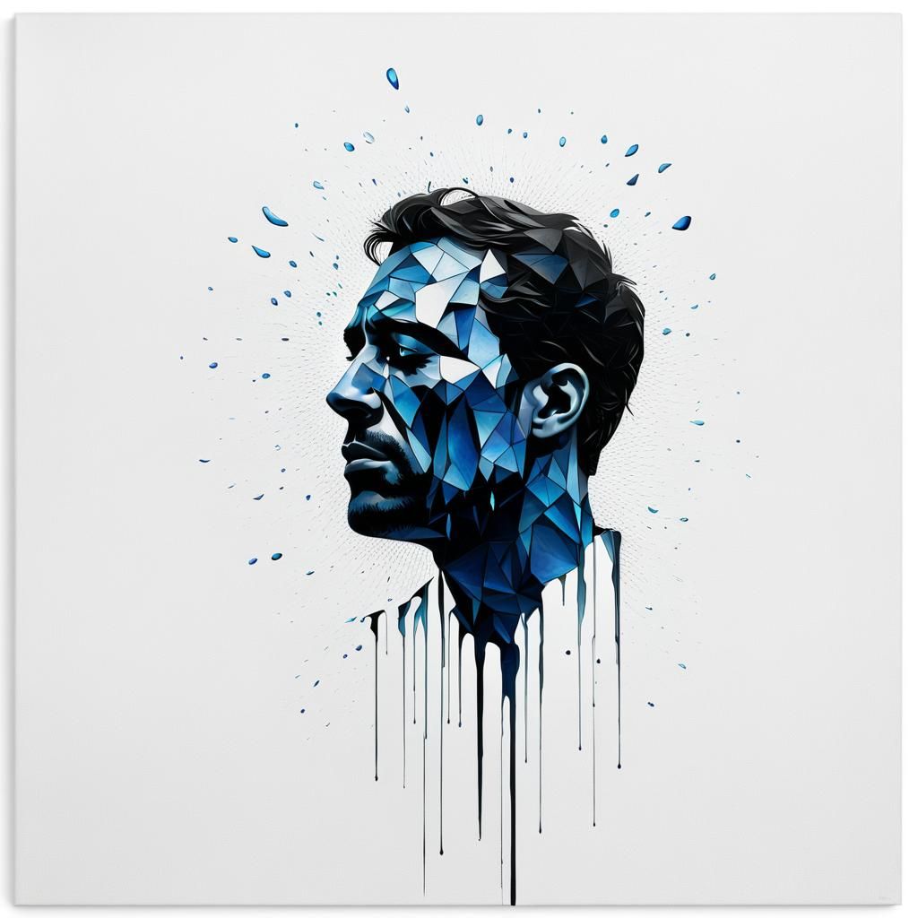 Minimalist Silhouette of Man Crying Blue Tears