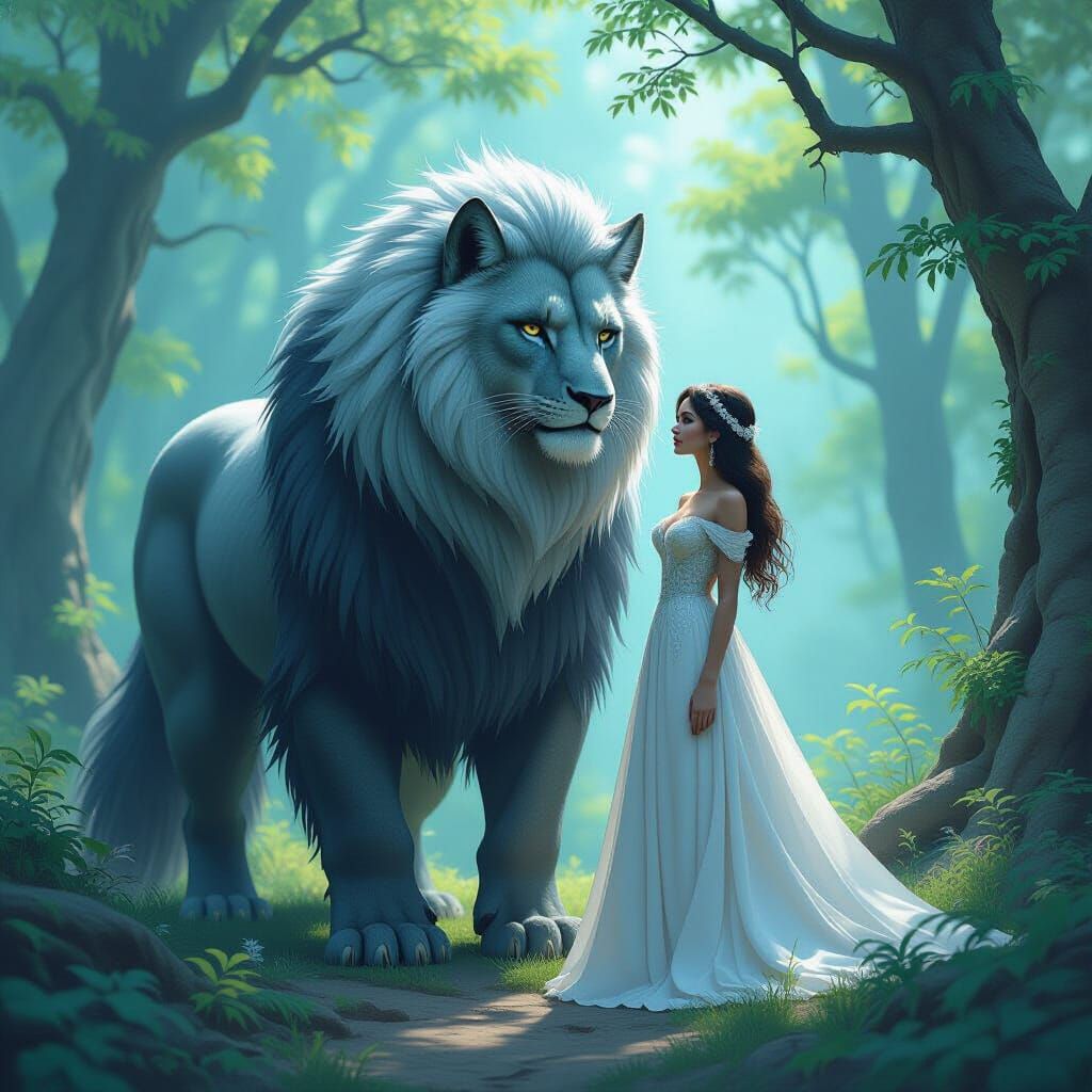 Whimsical Forest Guardian with Elegant Woman