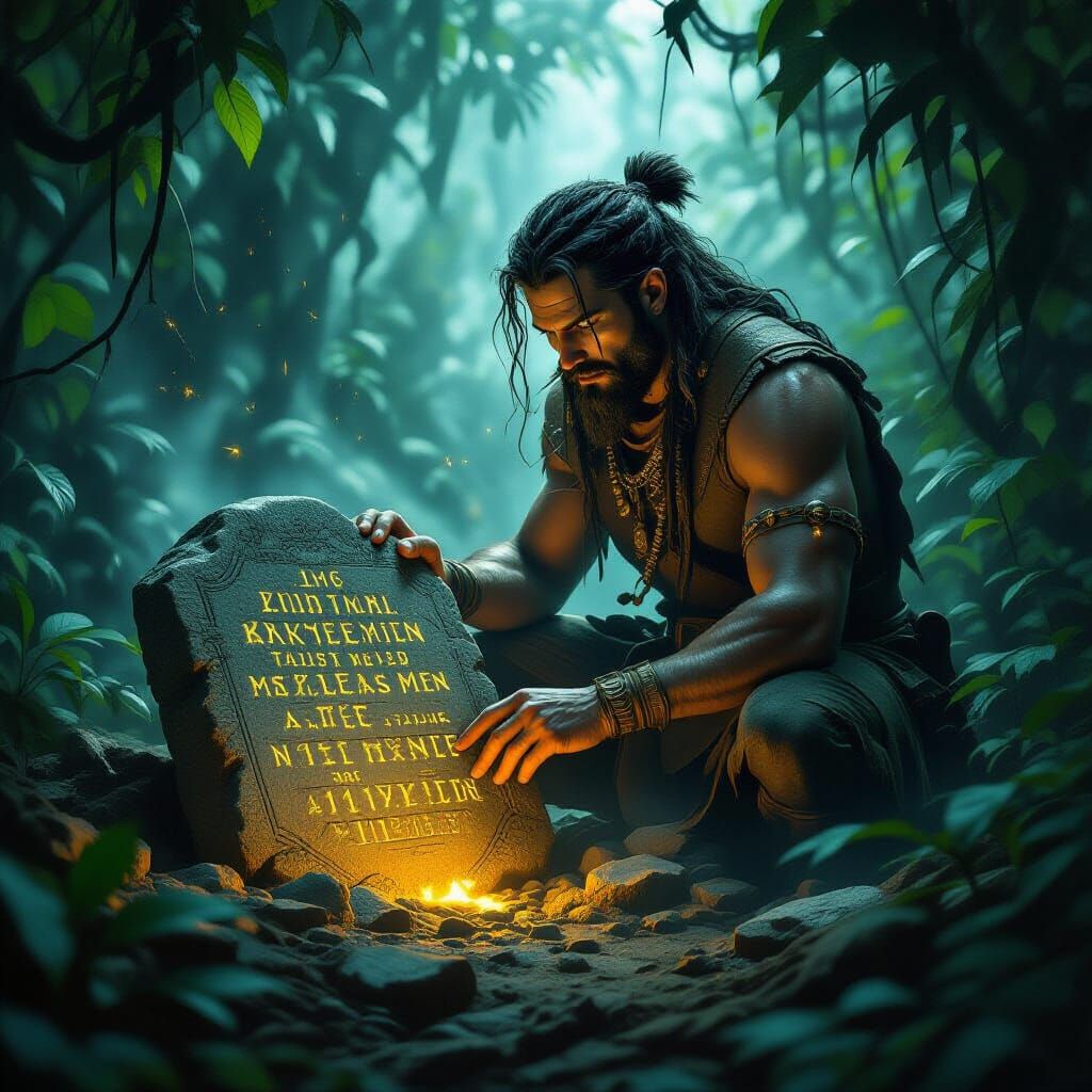 Archaeologist Unearths Glowing Rune Tablet in Misty Jungle