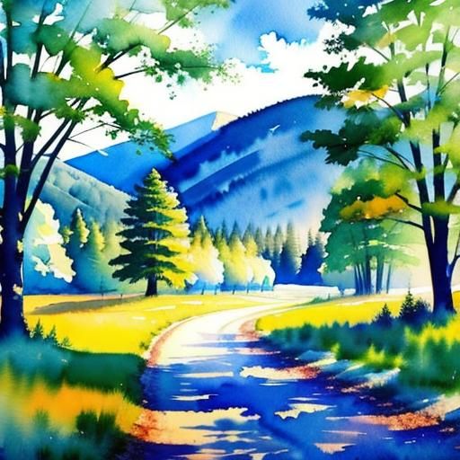 Watercolor Landscape Painting with Wide Brush Strokes