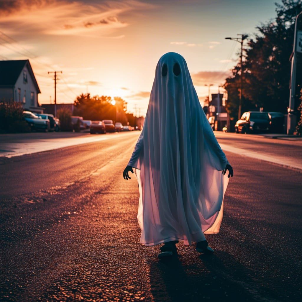 Cute Ghost Child Plays at Sunset Under Starscape