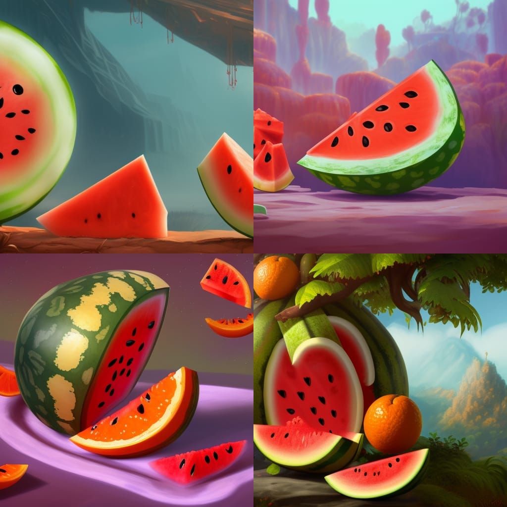 Orange Eating Watermelon: Detailed Fantasy Concept Art