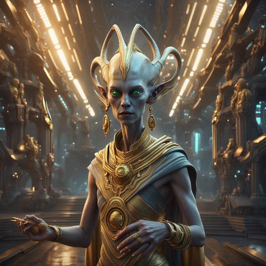 Gray Alien Unveiling Blonde Woman in Toga