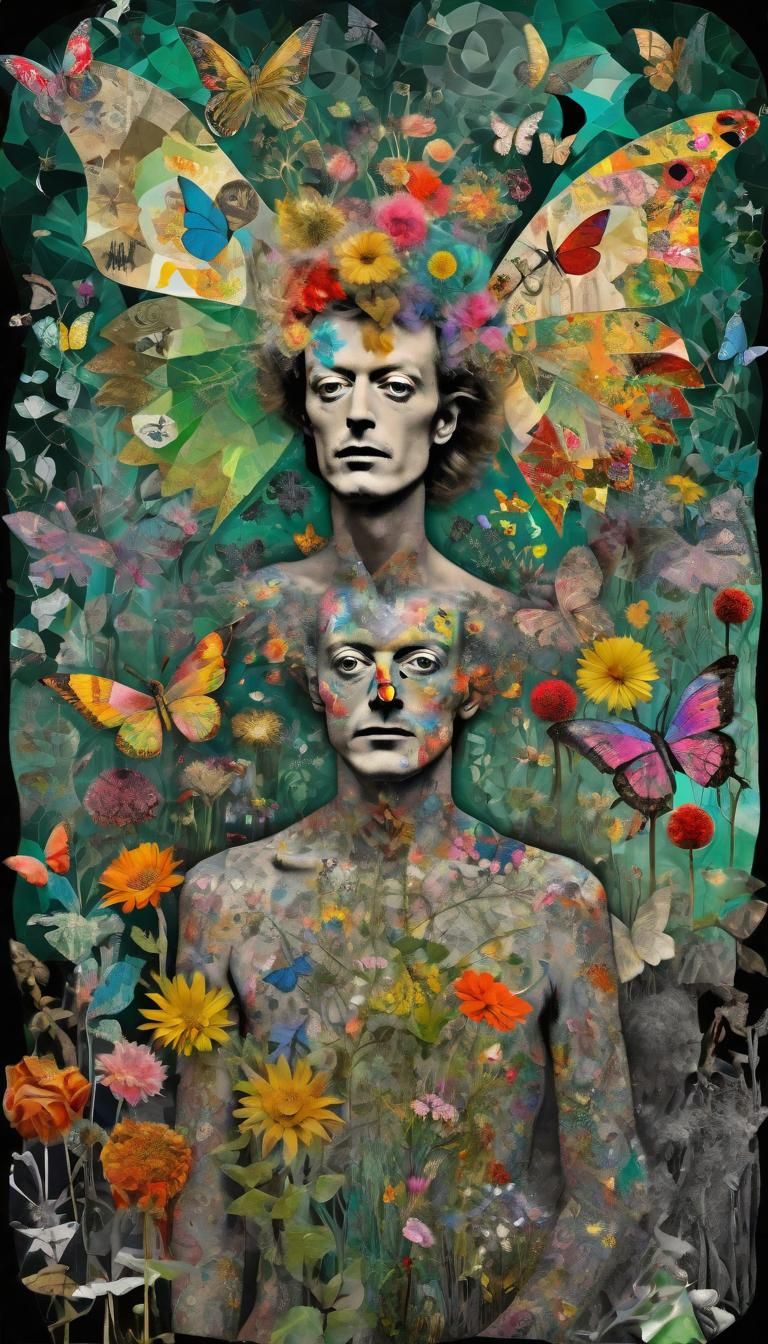 Million Flower Dreamscape, Patchwork, intricate details, Maximalisr, Maximalism, Double Exposure Butterflies, forest, en...