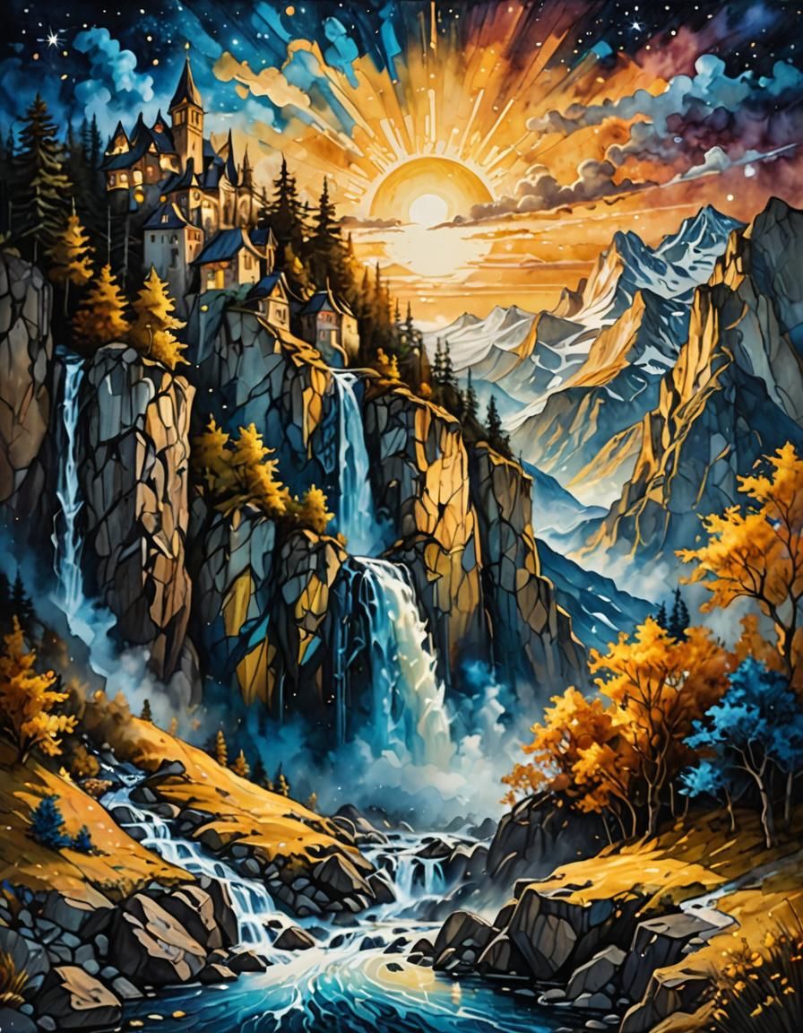 Epic Mountain Waterfall in Gothic Fantasy Landscape