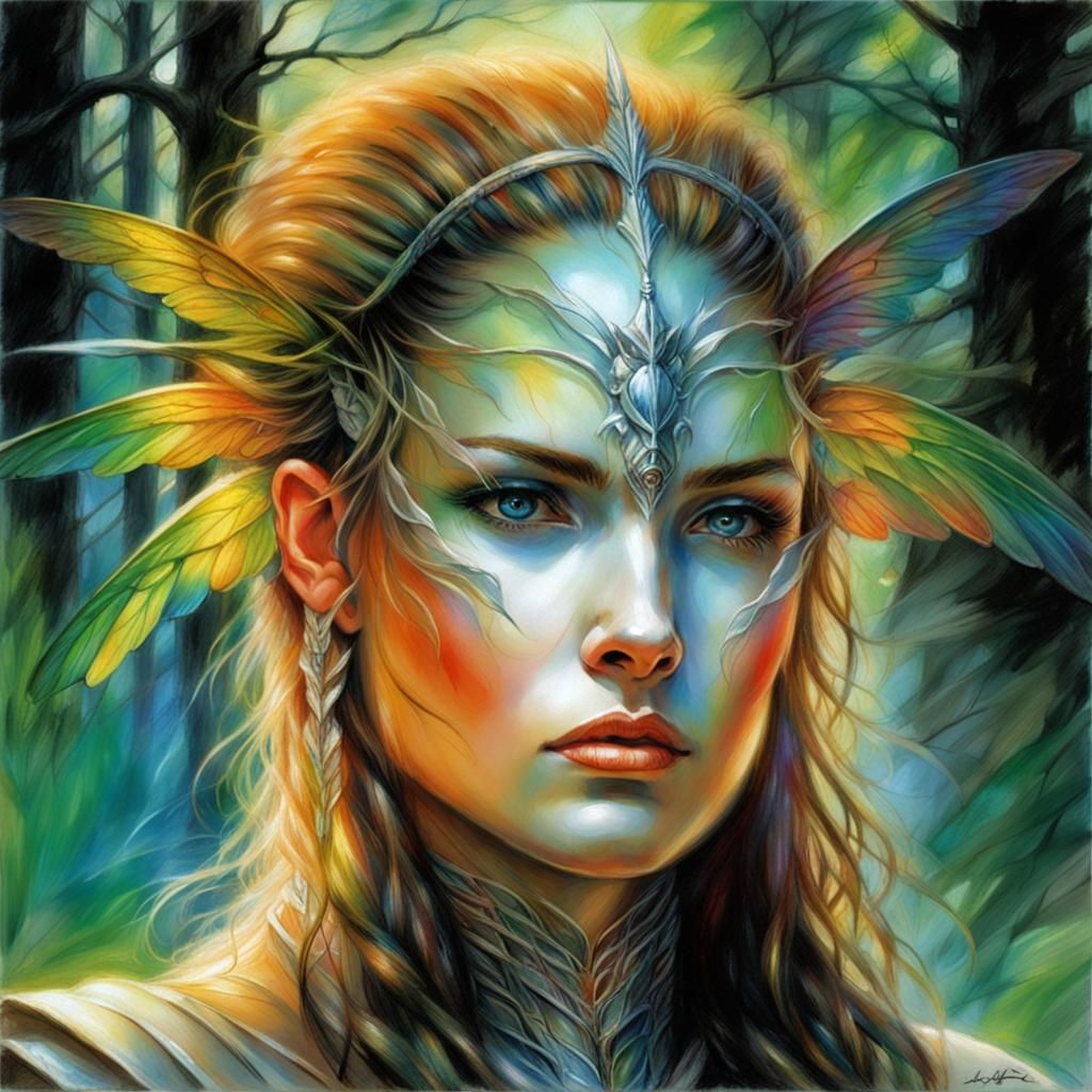 Rainbow Fairy Warrior in Forest, Oil Sketch