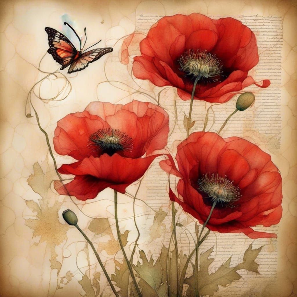 Field of Red Poppies with Butterfly