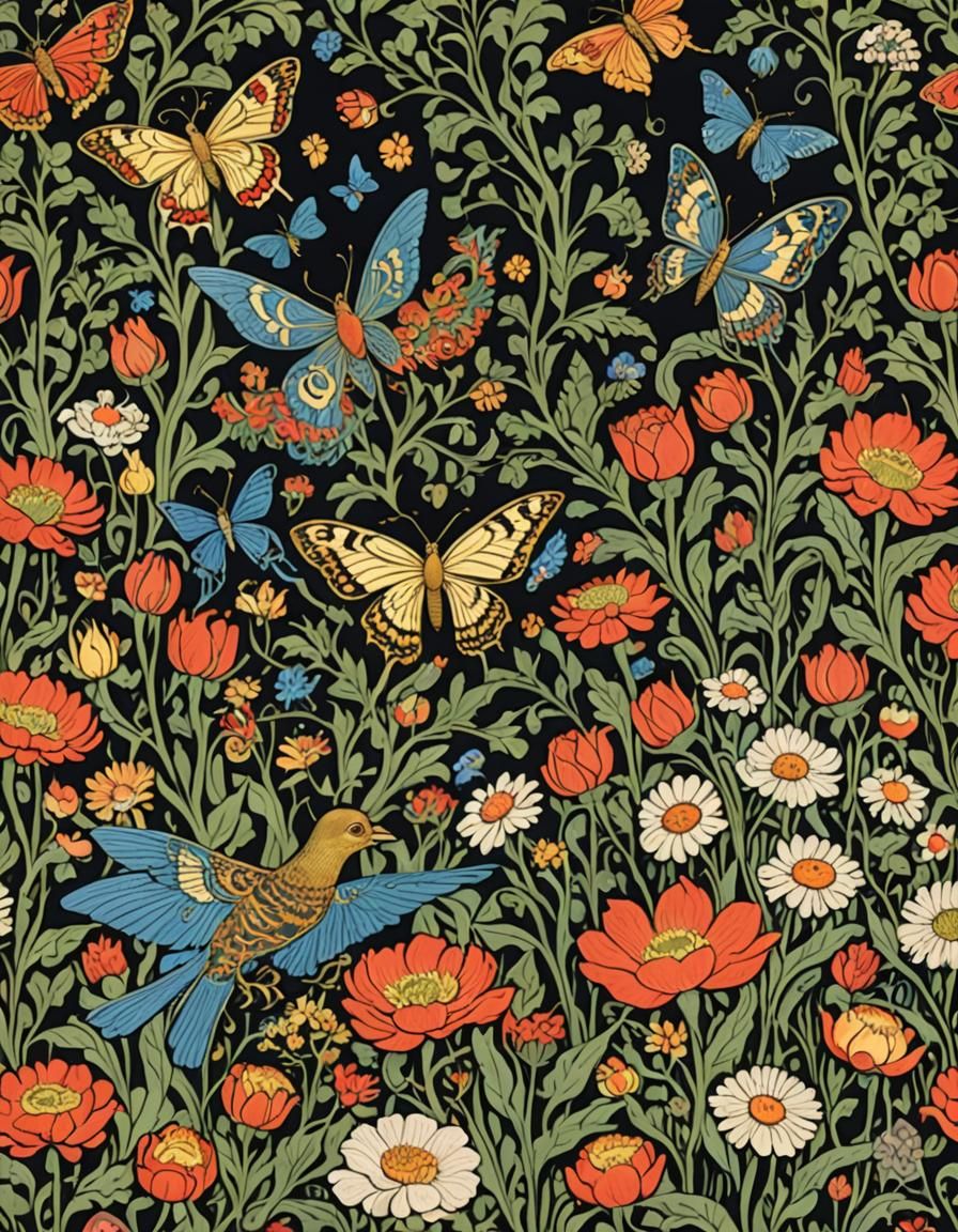 Bilibin-esque Illustration of Mythical Birds and Flowers