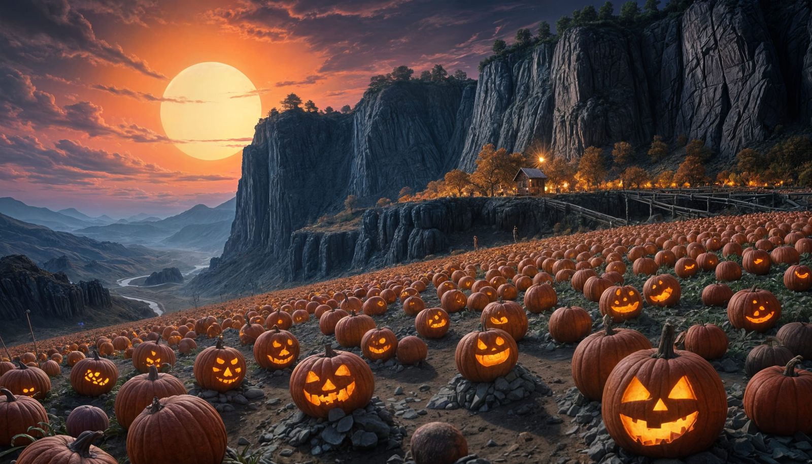 Epic Oil Painting of Cliff Overlooking Pumpkin Patch