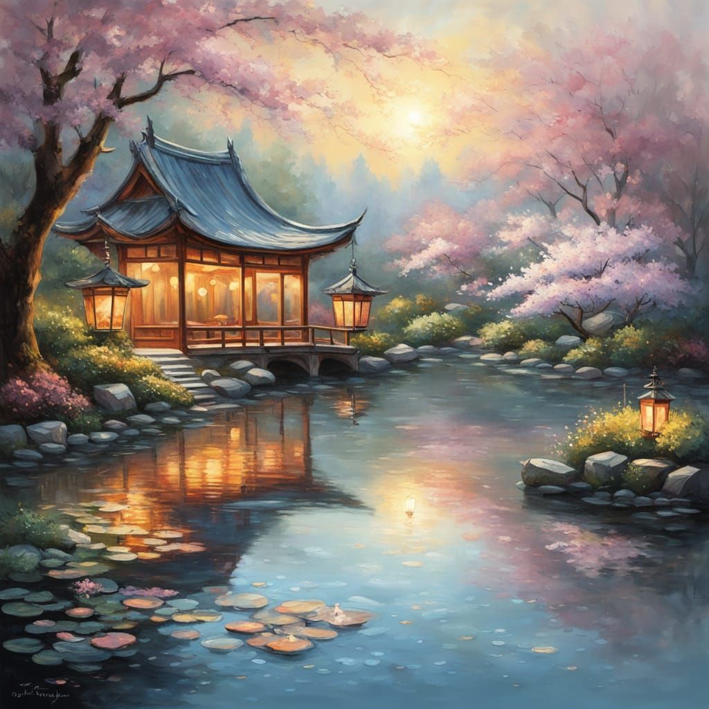 Floating Lanterns in Japanese Garden: Oil Painting