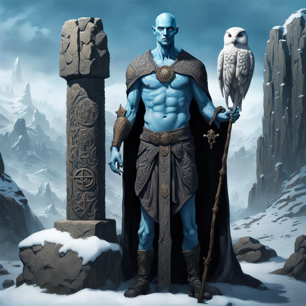 Blue-Skinned Runic Wizard in Snowy Mountain Setting