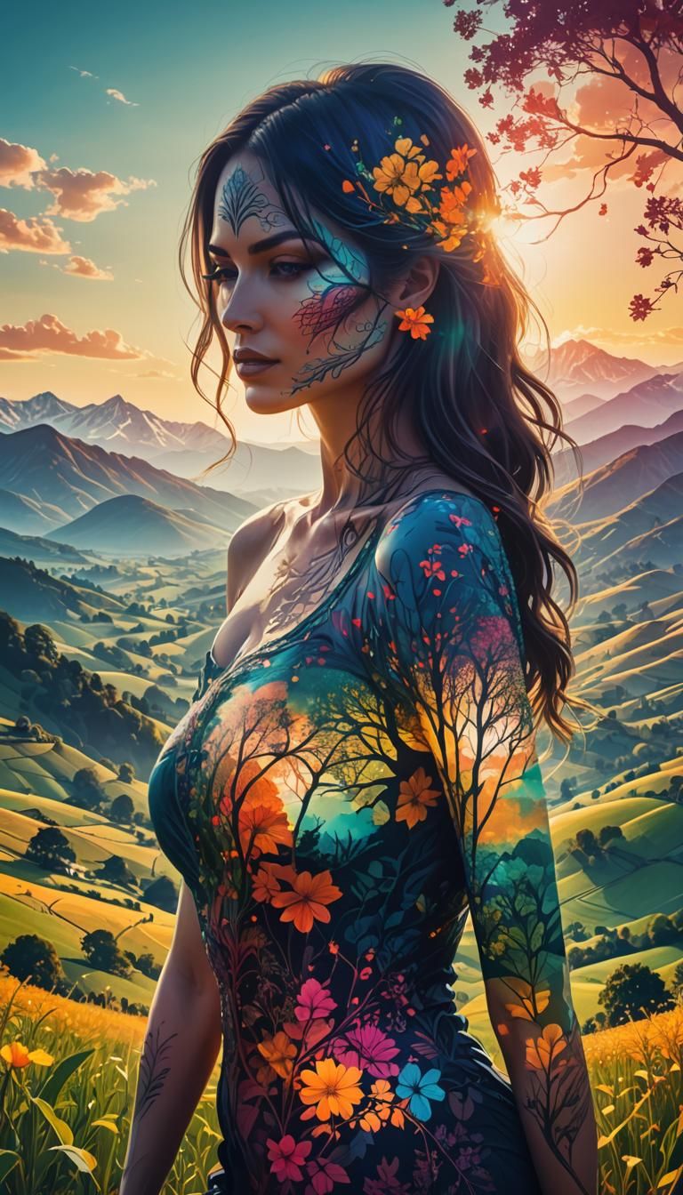 Double Exposure: Woman in Vibrant Countryside