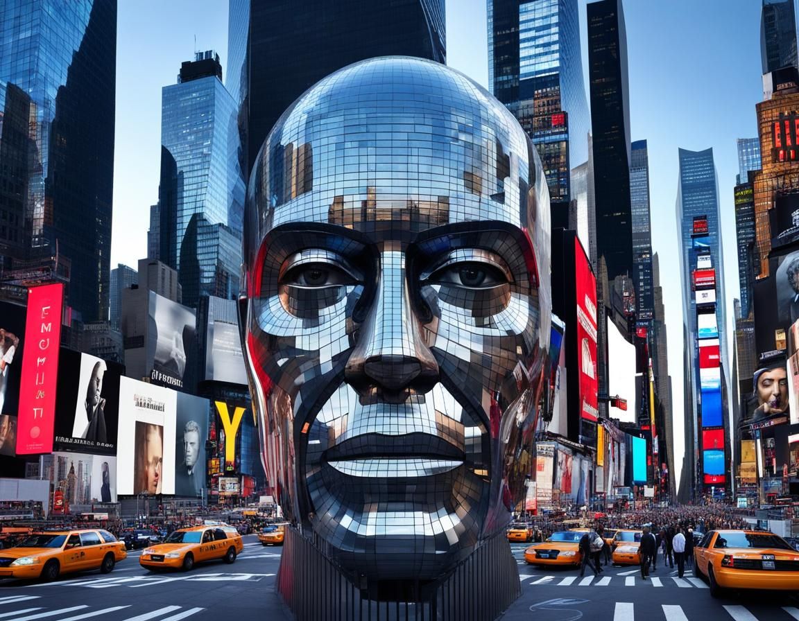 Surreal Human Face Merged with Times Square Architecture