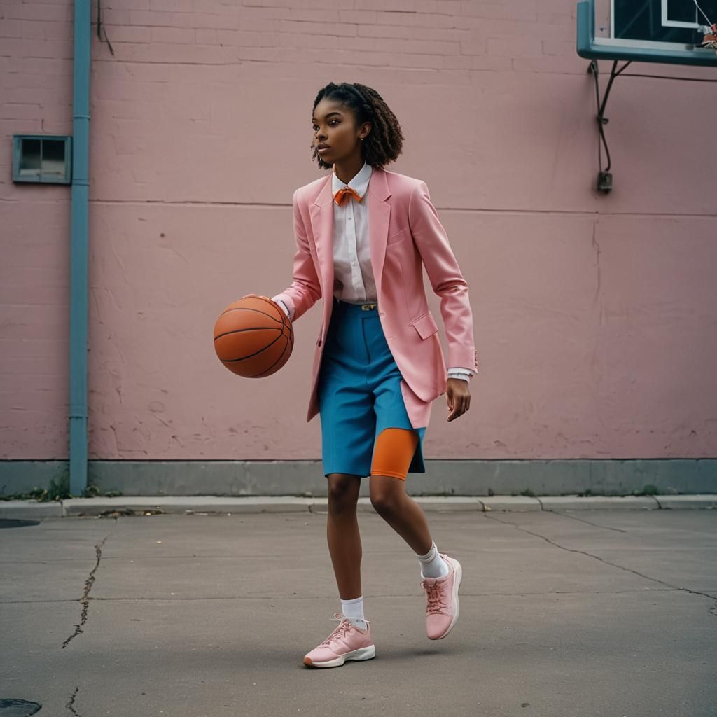 Woman Dribbling Basketball in Pink Tuxedo: Cinematic Film St...
