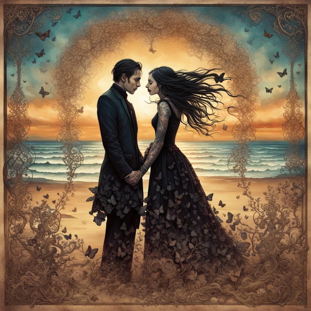 Gothic Couple  love and happy, two parts in one art, double exposure, best quality, dark tales, close up well-dressed ha...