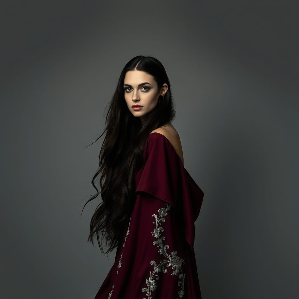 Elegant Woman in Moody Burgundy Gown with Silver Embroidery