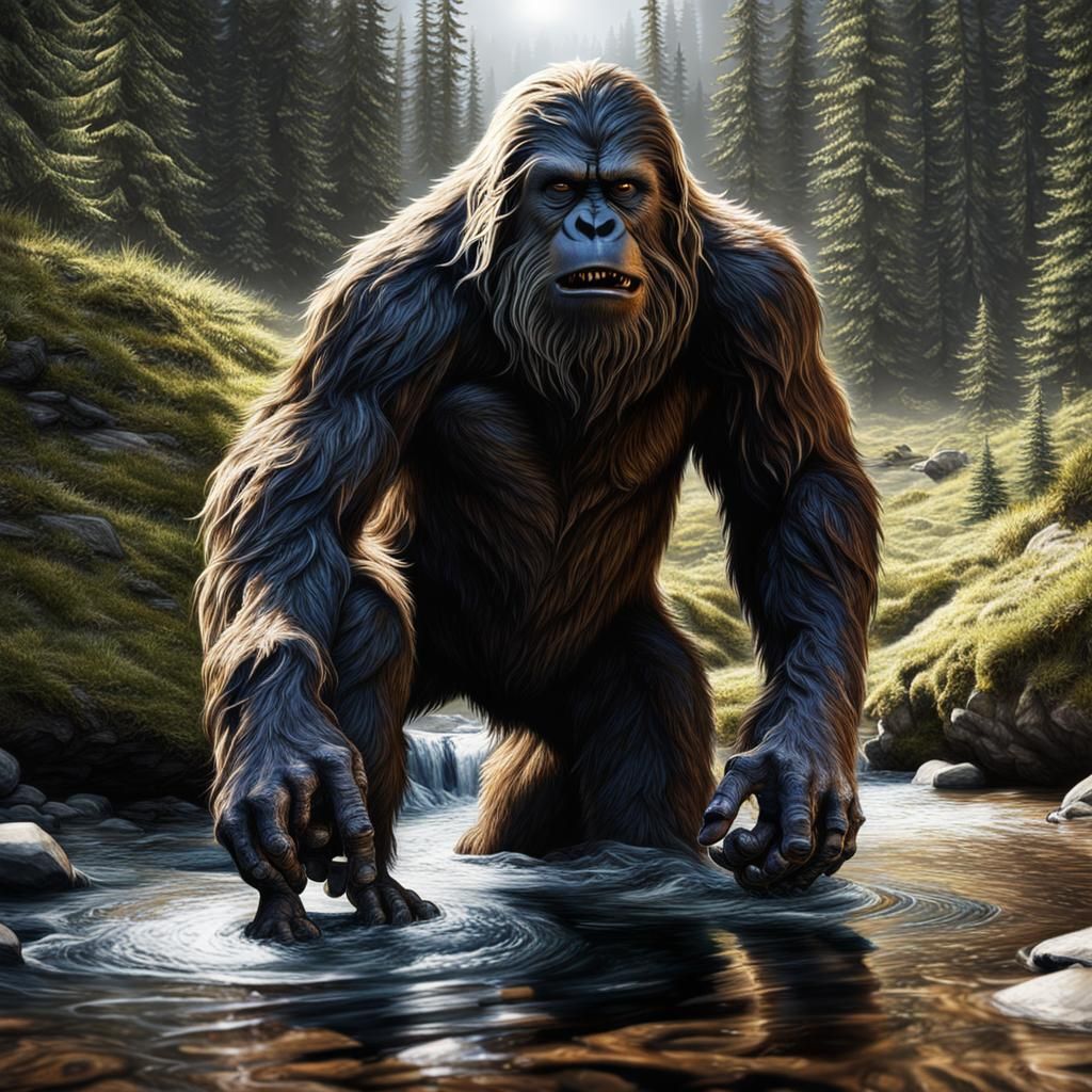 Sasquatch Drinks From Stream in Cinematic Realism
