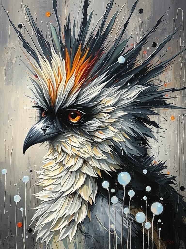 Serene Bird with ruffled feathers, acryl painting with soft palette knife style