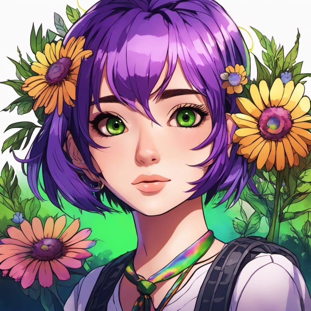 Anime Portrait: Cute Hippie Girl with Purple Hair