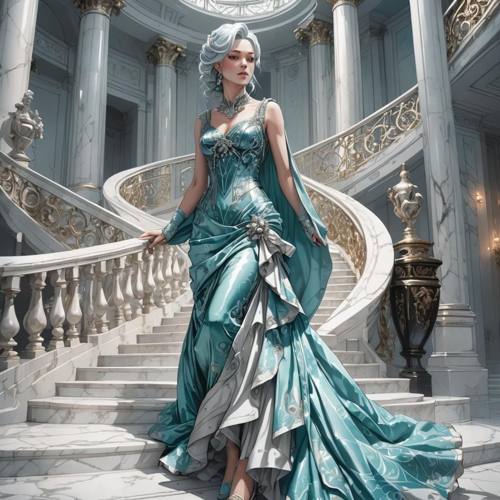 Pearl Haired Woman in Silver Gown, Anime Style