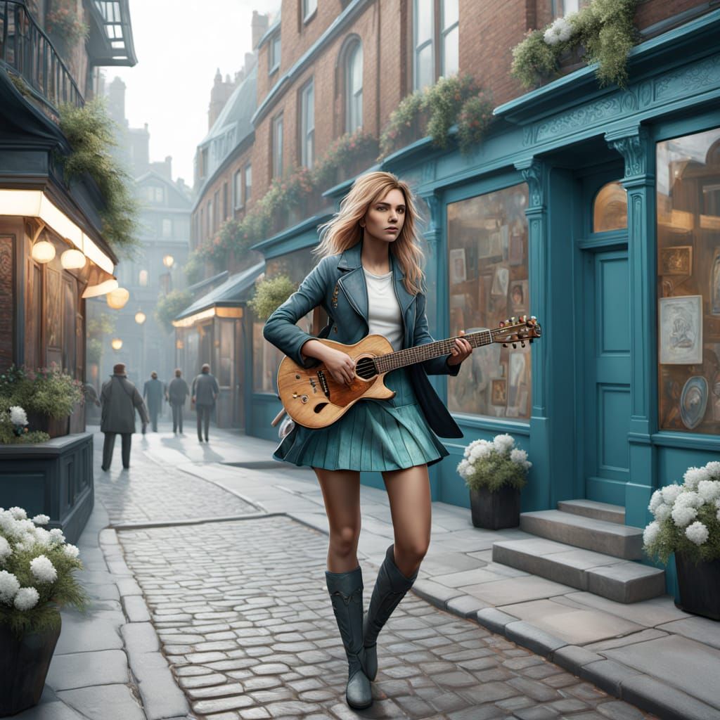 Girl Plays Guitar on Ancient Street in Vibrant Oil-Painting ...