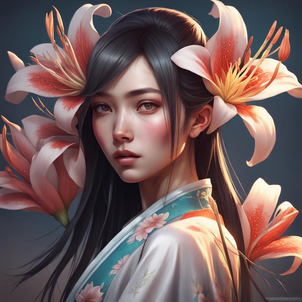 Chinese Girl with Lily Flower: Hyperdetailed Portrait