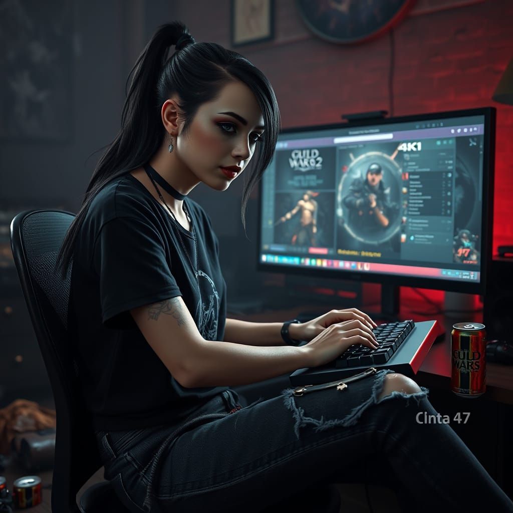 Goth Gamer Girl in Hyper-Realistic Cyberpunk Den