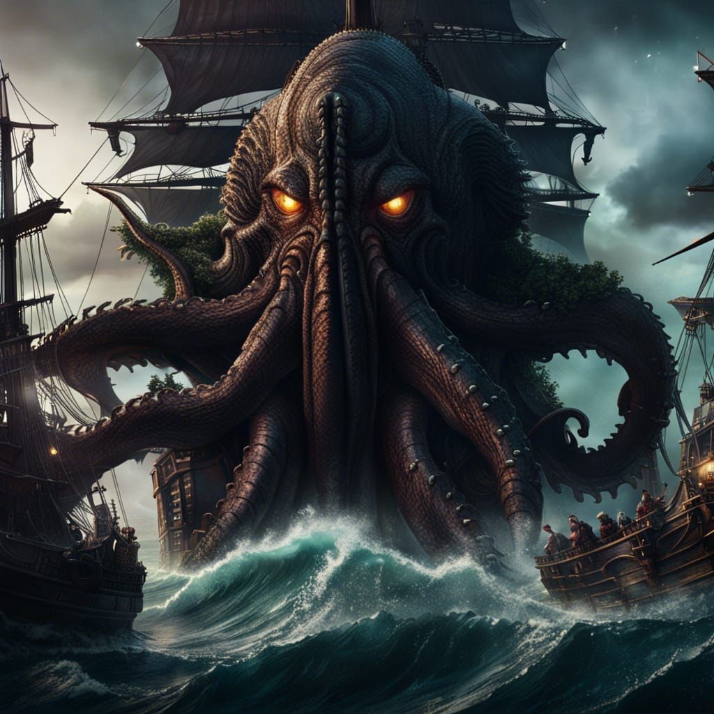 Giant Kraken Sinking Galleons: Fantasy Concept Art