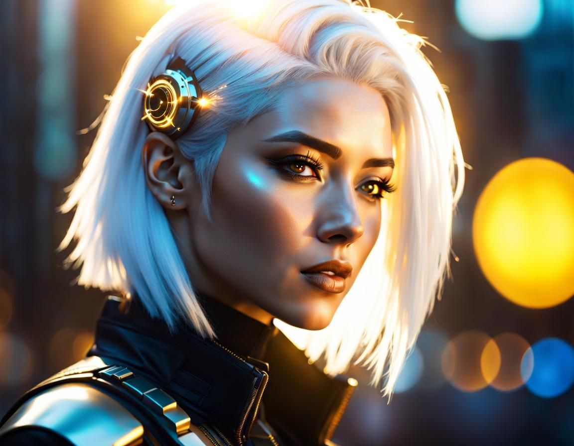 Cyberpunk Girl with White Hair and Golden Light