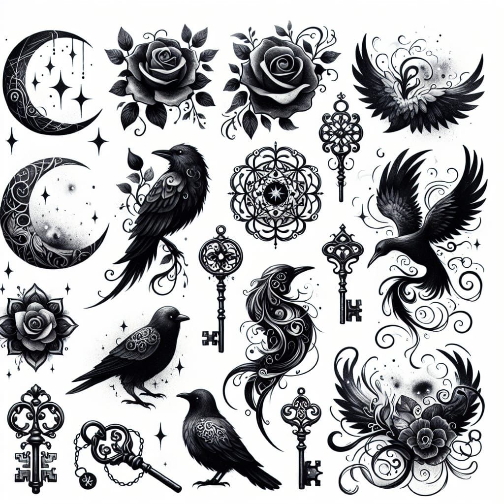 Gothic Tattoo Designs with Roses, Moons and Ravens
