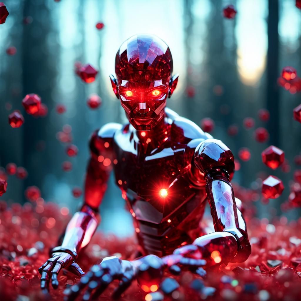 Ruby Crystalline Humanoid with Glowing Eyes in Hyperrealism