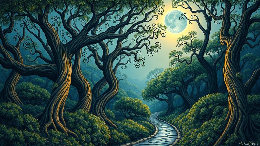 Mystical Forest Bathed in Full Moonlight in Vibrant Abstract...