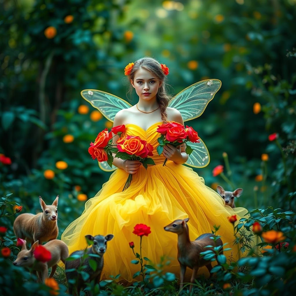 Summer Fairy Portrait with Roses and Garden
