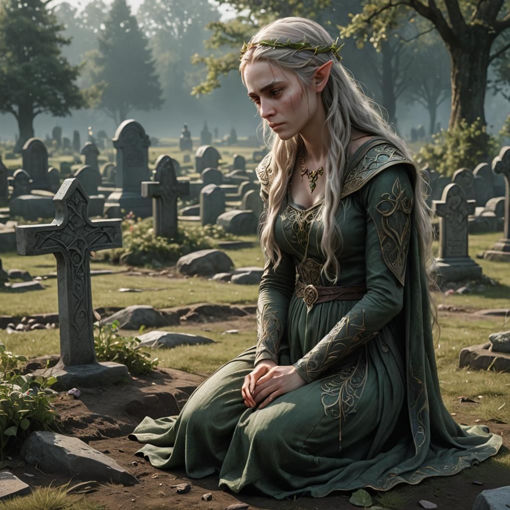 Hyper-realistic beautiful pregnant elven woman kneeling besi...