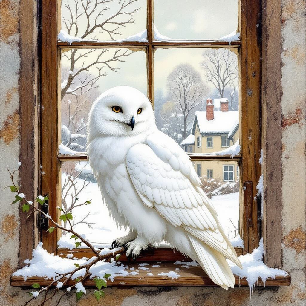 Snowy Owl in Antique Window, Art Nouveau Style