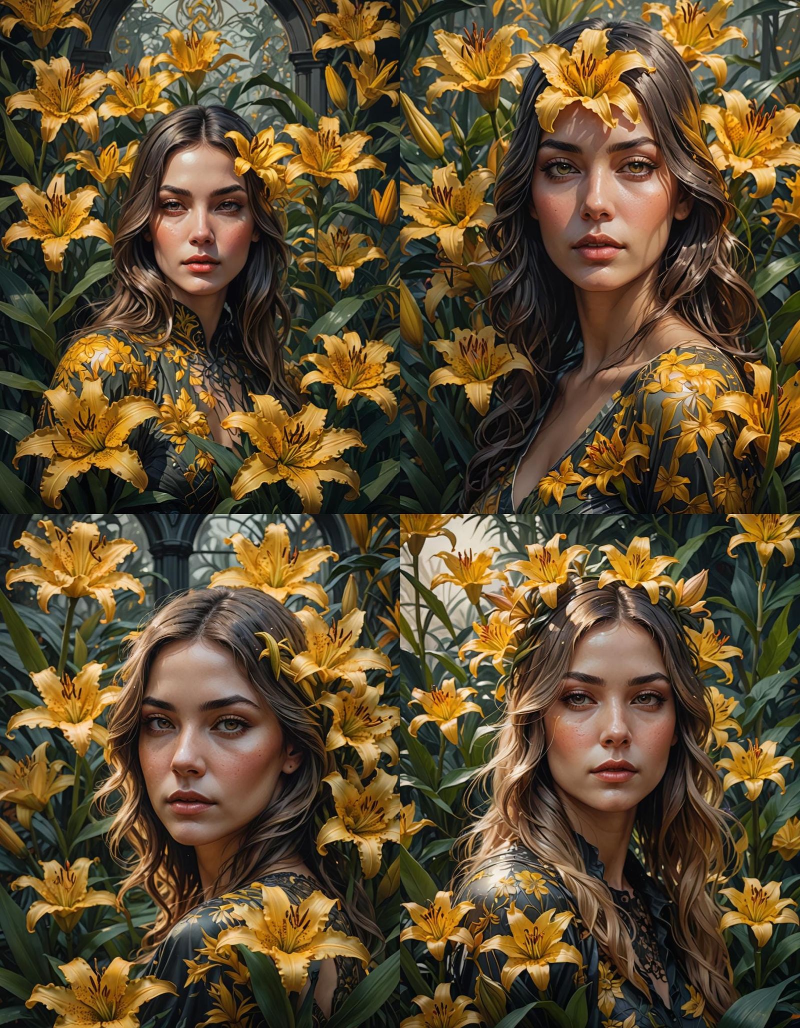 Double Exposure: Woman in Lily Garden, Hyperdetailed Art