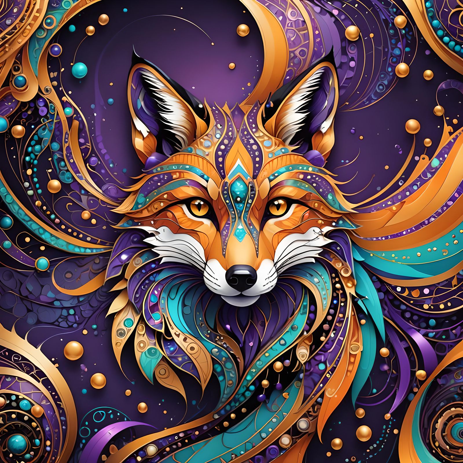 Abstract Fox with Swirling Patterns and Gold Beads