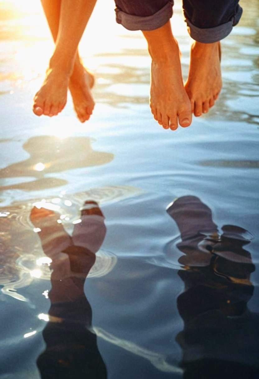 Legs Visible on Bridge by Lake, Realistic Photo