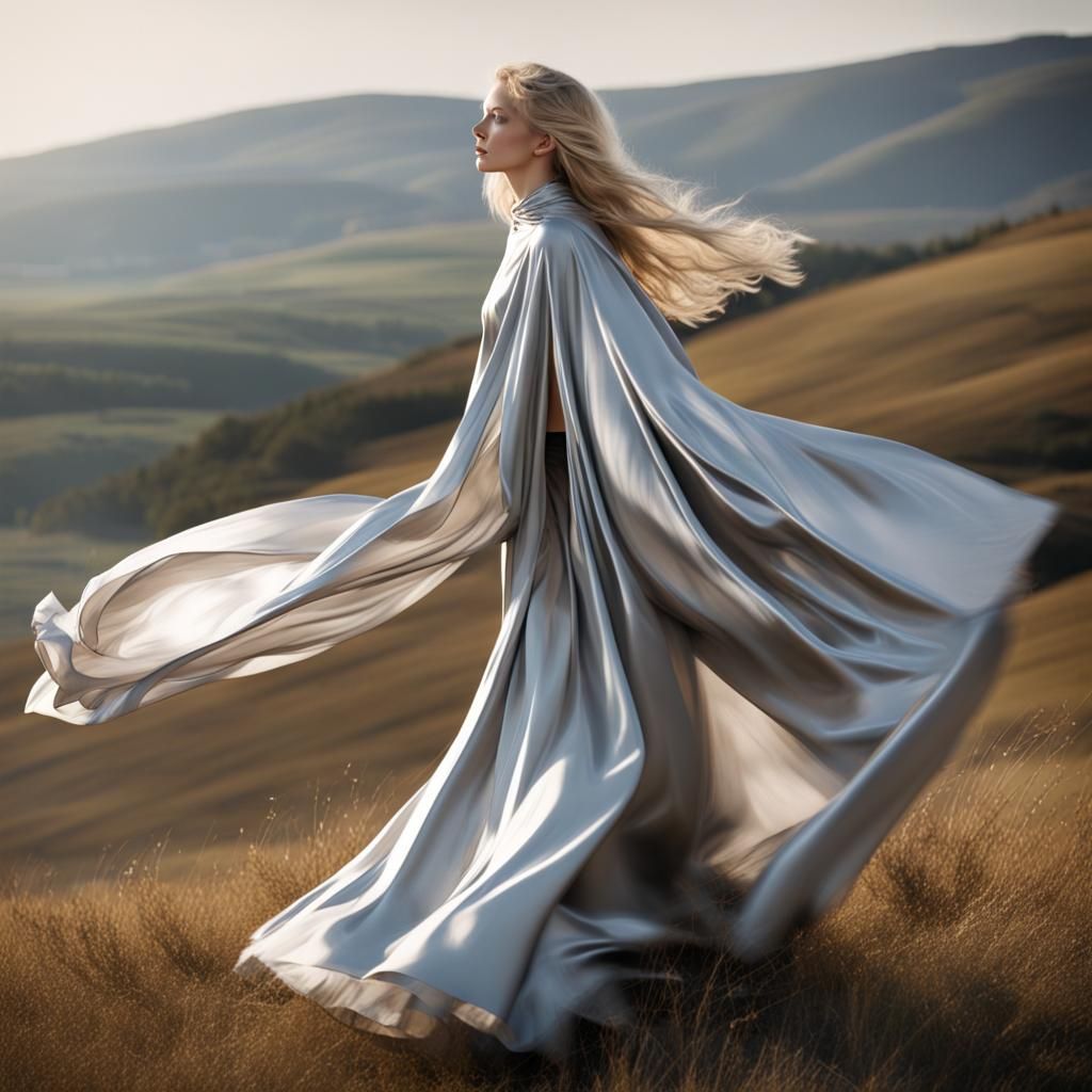 Long silver cloak tied the neck with ribbon , Beautiful blon...