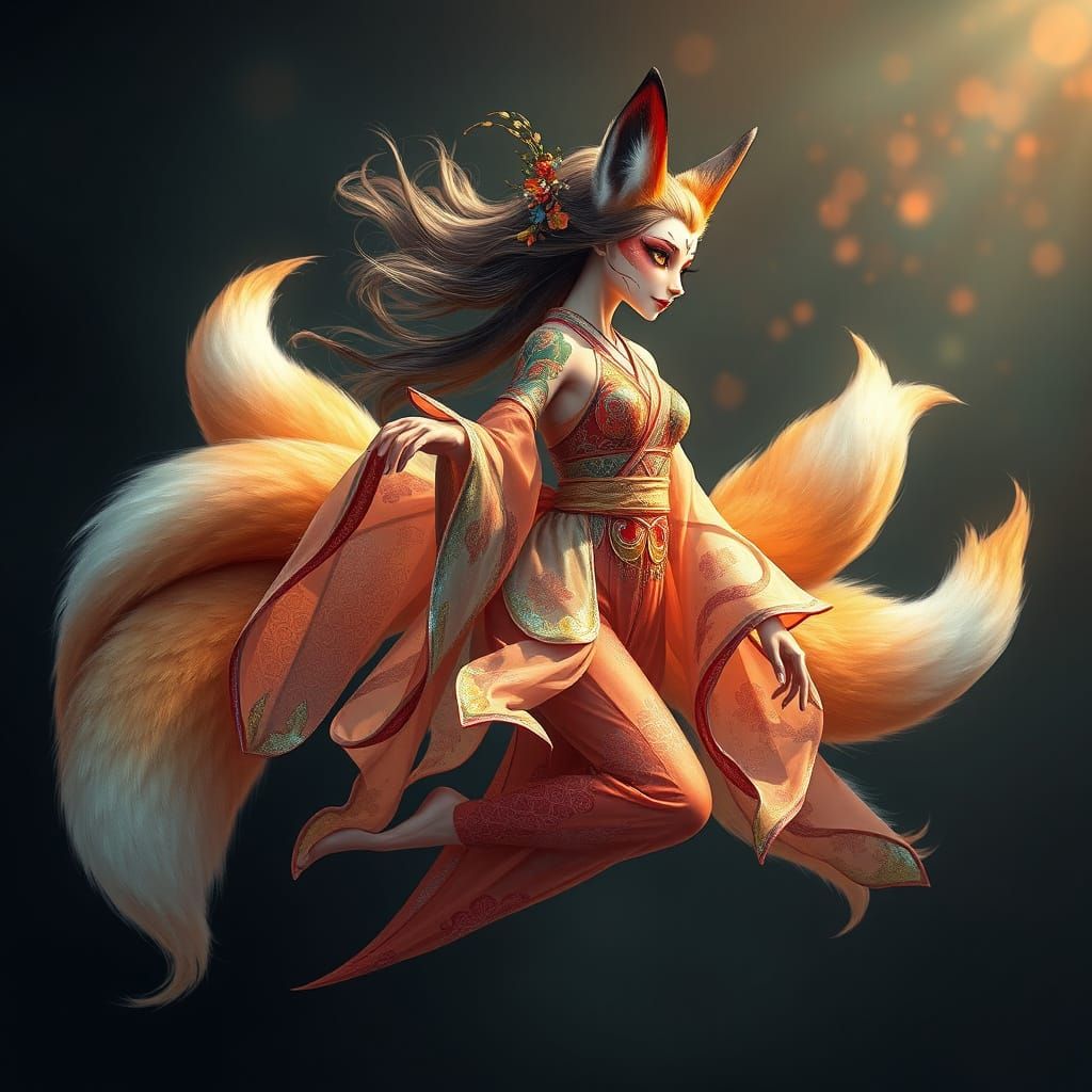 Ethereal Kitsune Goddess in Traditional Japanese Attire