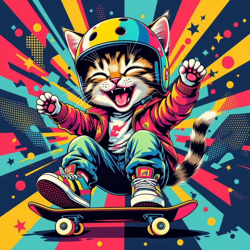Skateboarding Cat Sticker in Pop Art Style