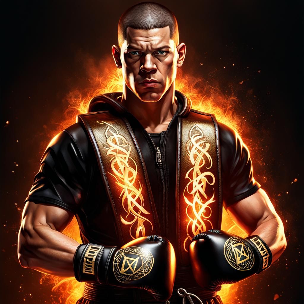 Boxer Portrait with Runic Inscriptions and Dramatic Lighting