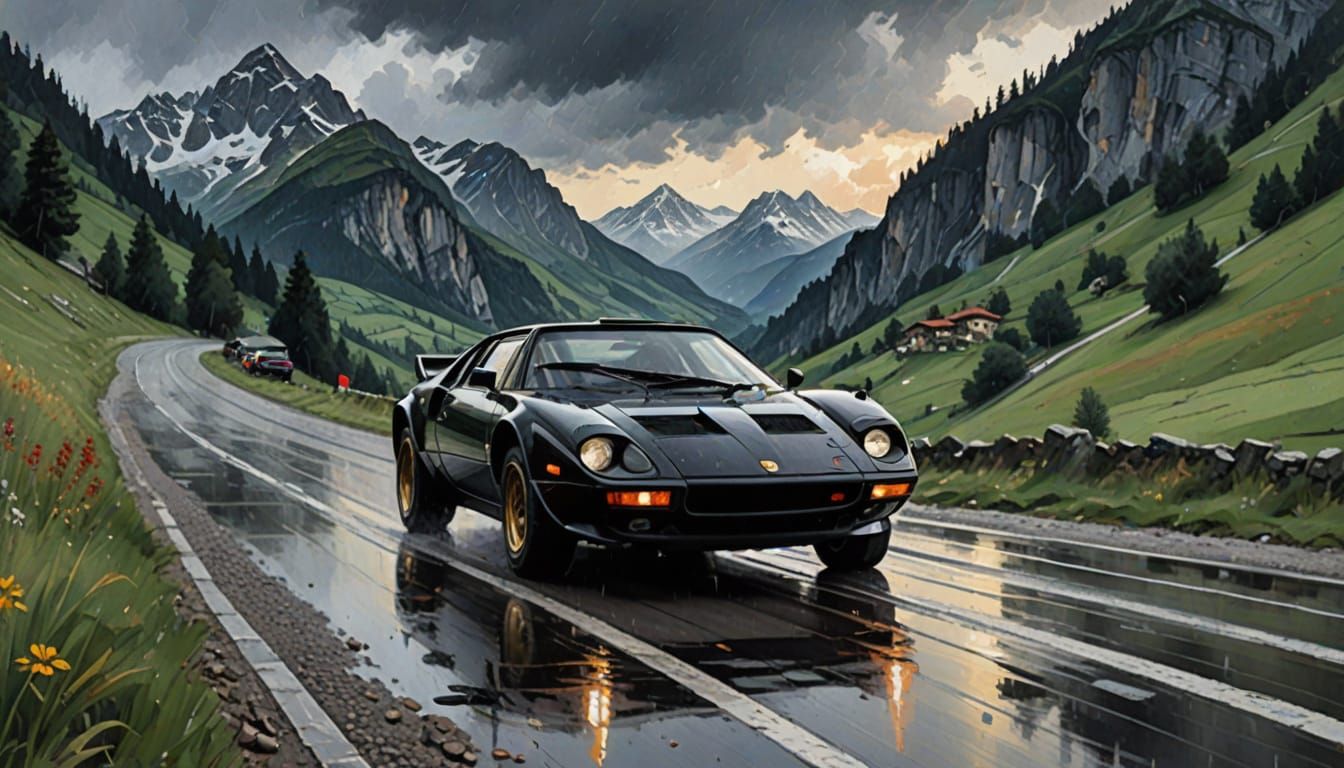 Lancia Stratos on Rainy Mountain Road as Impasto Painting