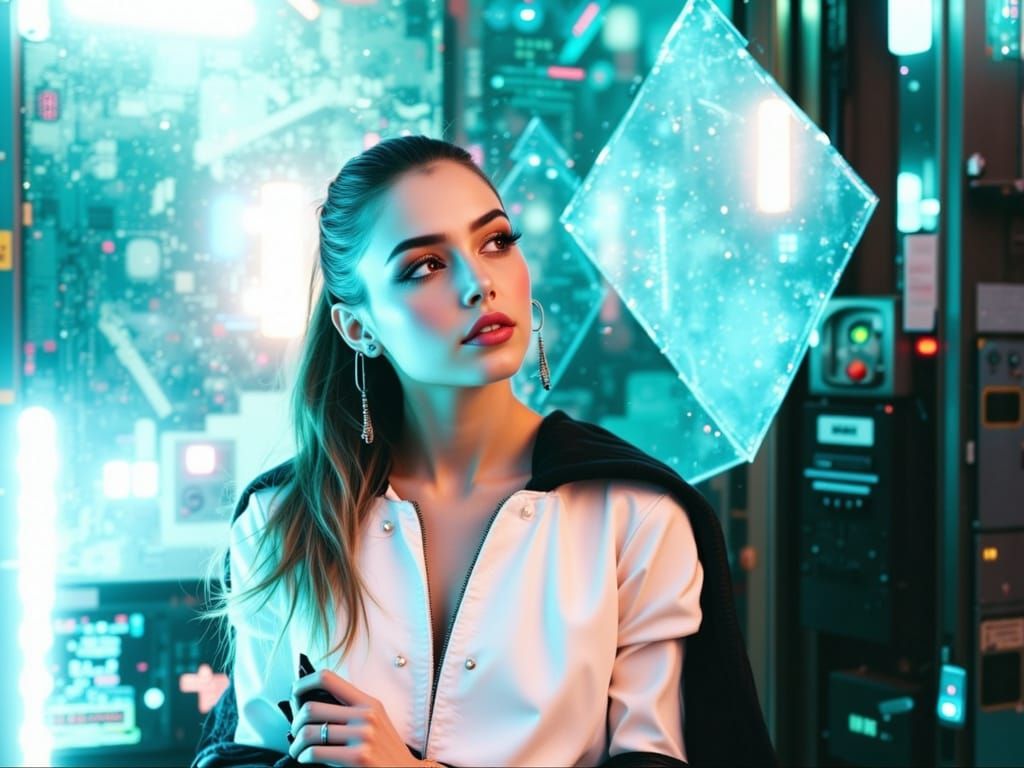 Woman Posing in Retro Neon Cityscape