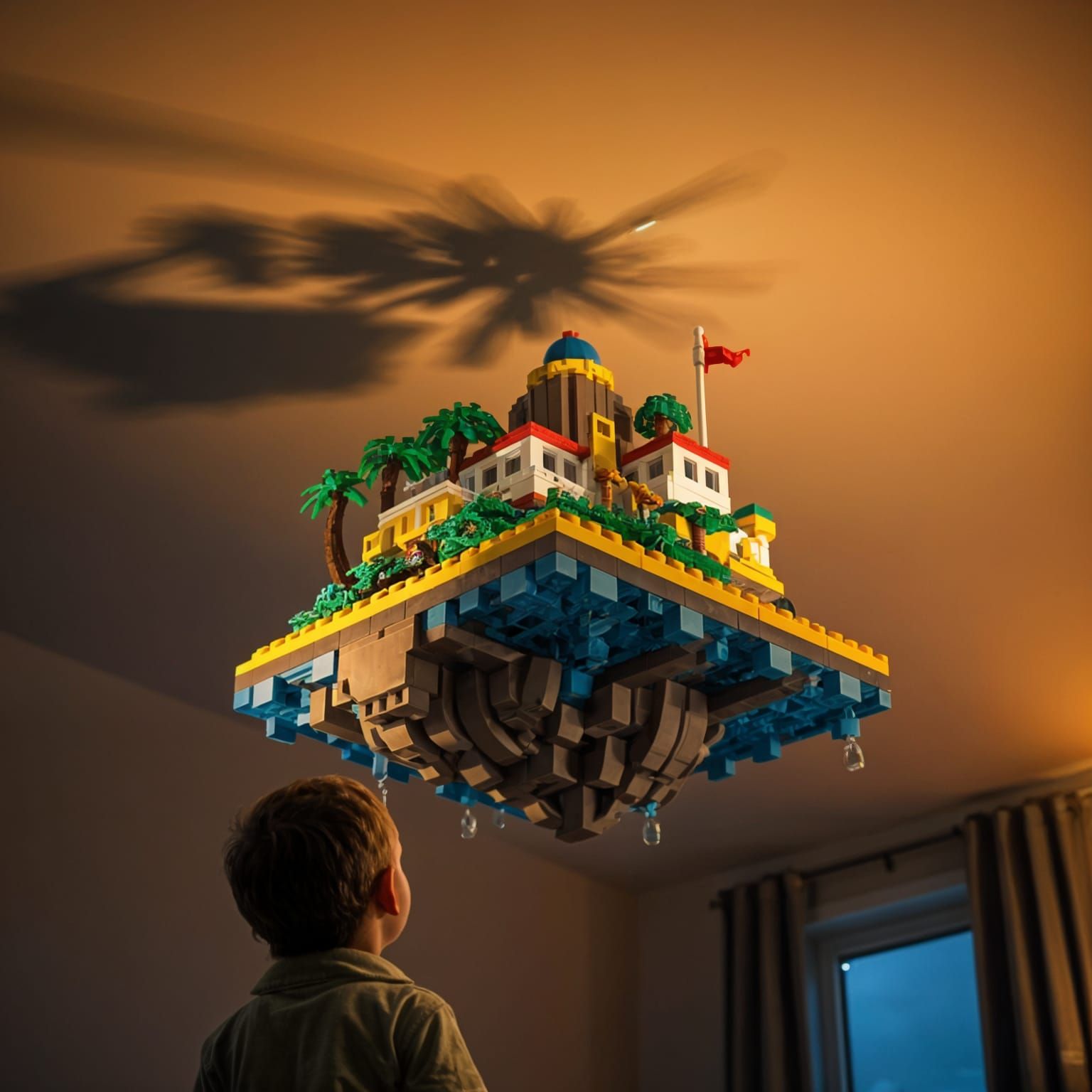 Realistic Photo of Floating Lego Island on Ceiling at Night