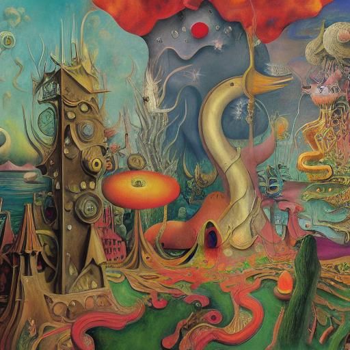 Psychedelic Phoenix in Surreal Maximalist Landscape