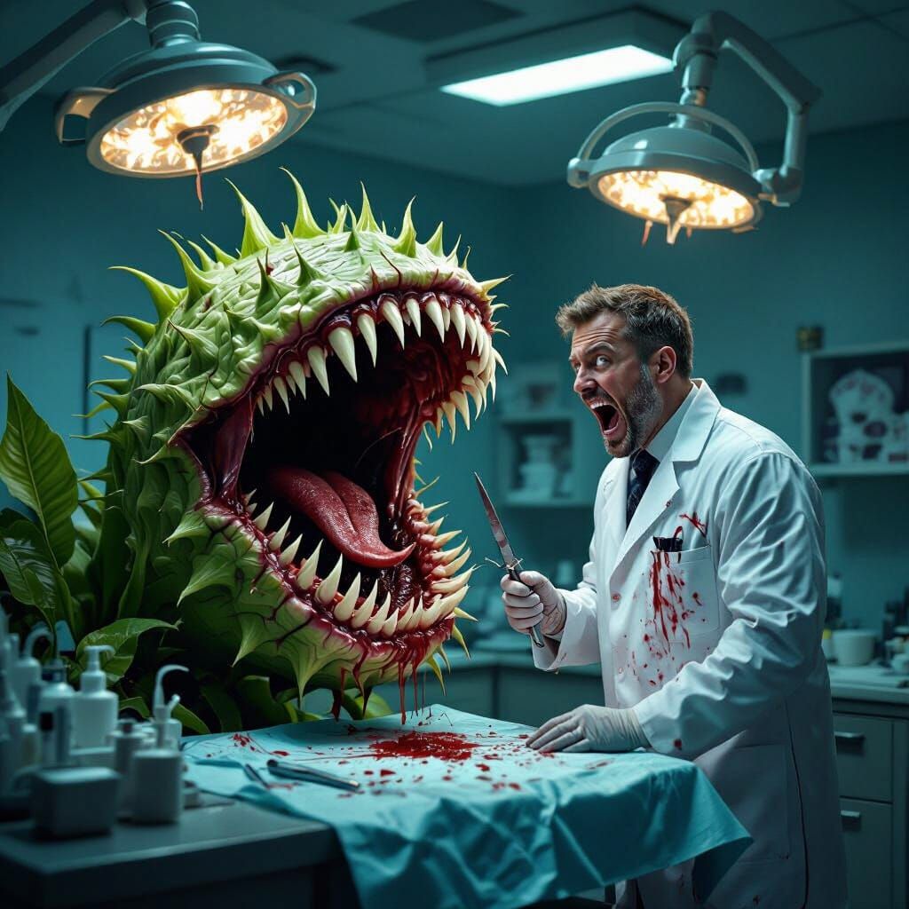 Dentist and Carnivorous Plant in Gothic Horror Style